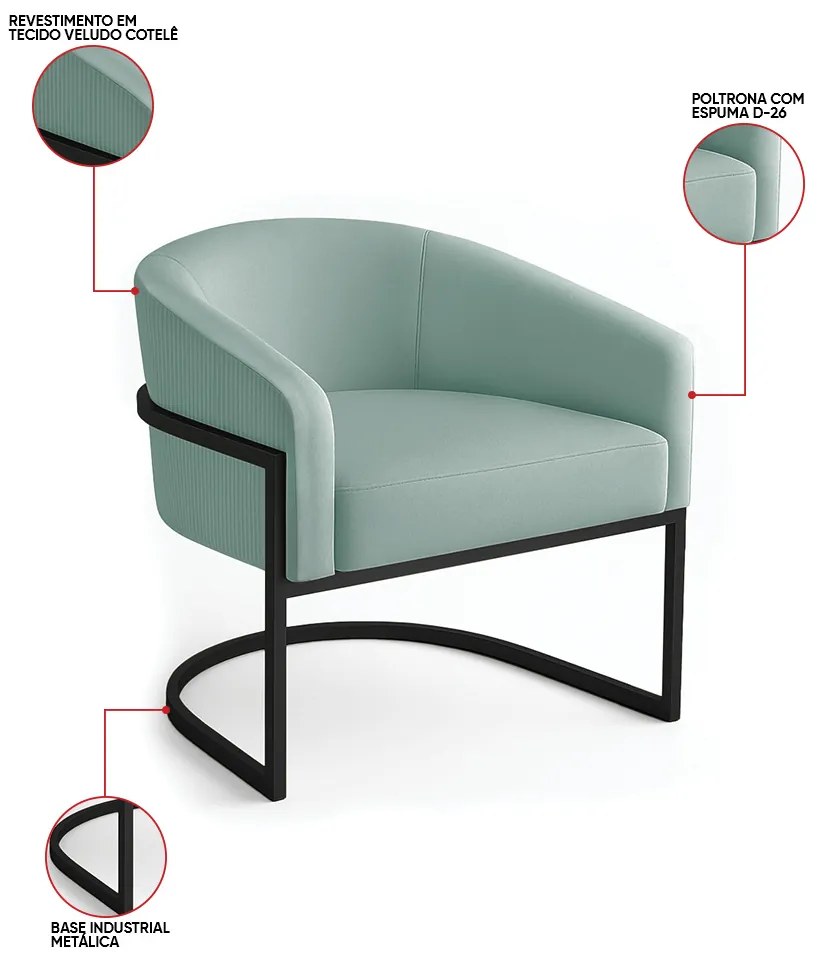 Poltrona Sala Industrial Preto Arielle Veludo Cotelê Menta D03 - D'Rossi