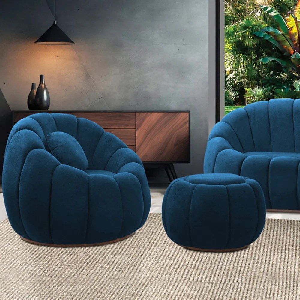 Poltrona e Puff Decorativo Orgânico Fixo Cloud Bouclê E03 - D'Rossi - Azul Marinho