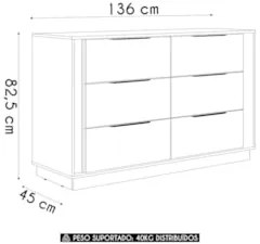 Cômoda Quarto 130cm Casal com 6 Gavetas Dino Nogueira D02 - Mpozenat