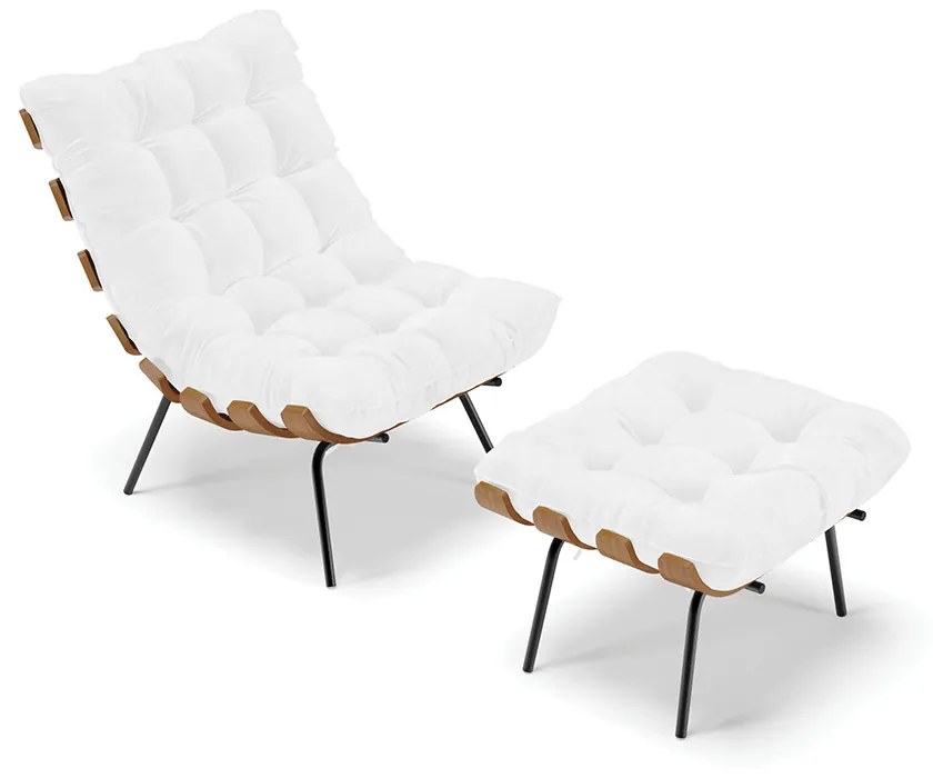 Kit 01 Poltrona e 01 Puff Costela Corano Base Metálica Preto M11 - D'Rossi - Branco