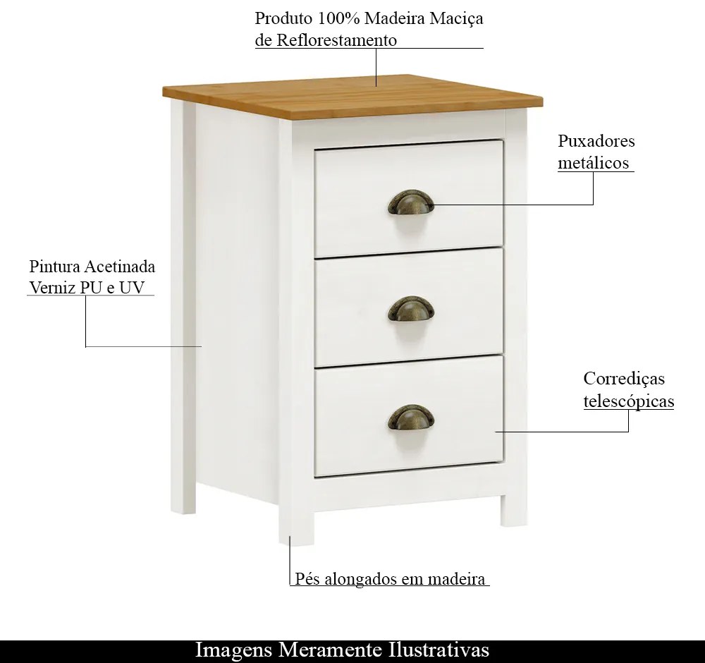 Mesa De Cabeceira Decorativa Alina Madeira 3 Gavetas Branca/Carvalho G74 - Gran Belo