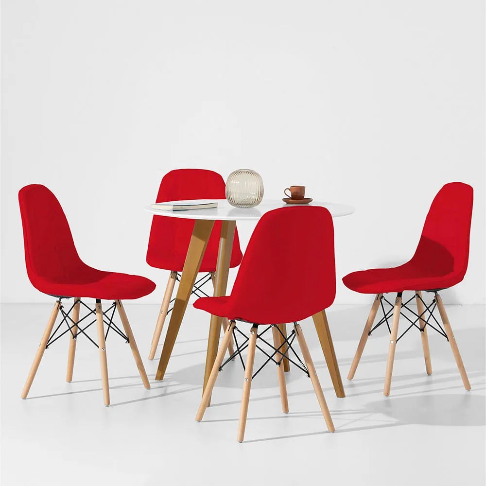 Conjunto Mesa Square Redonda Branco Fosco 88cm + 4 Cadeiras Eiffel Botonê - Vermelho