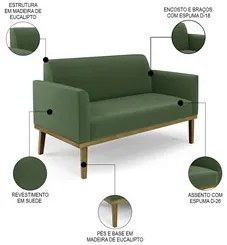 Sofá Namoradeira e 2 Poltronas Base Madeira Castanho Maressa Suede Ver
