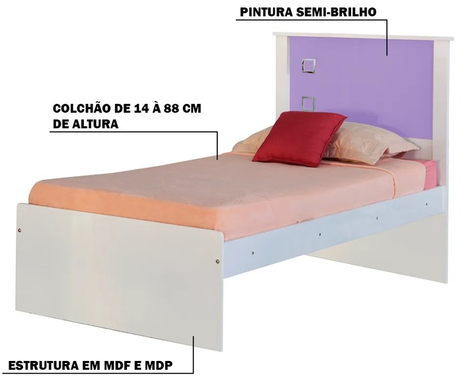 Cama Solteiro Reino Branco/Lilás G68 - Gran Belo