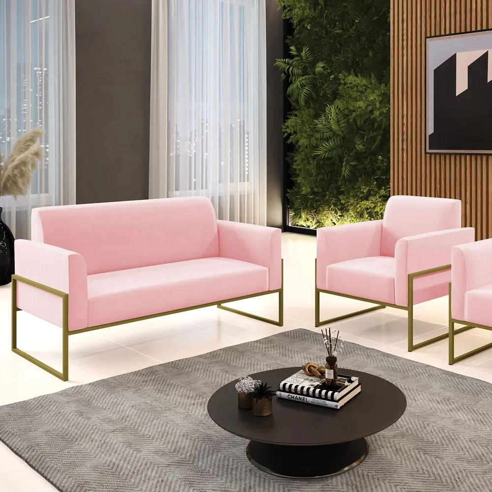 Sofá Namoradeira com Poltrona Base Industrial Alta Dourado Marisa Suede D03 - D'Rossi - Rosa Bebê