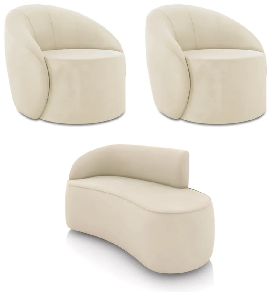 Sofá 2 Lugares Orgânico 140cm Morgan e 2 Poltronas Lua Veludo Bege D03 - D'Rossi