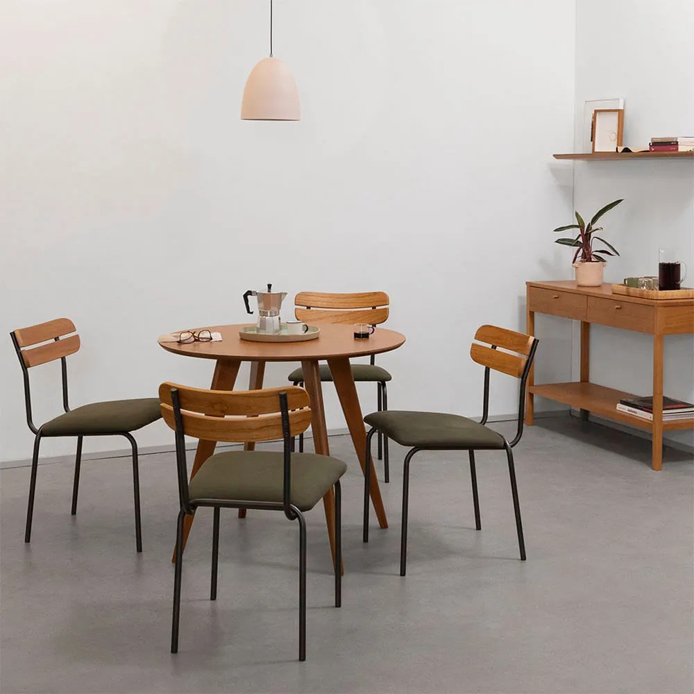 Conjunto Mesa de Jantar Square Redonda Louro Freijó 88cm + 4 Cadeiras Ribs Sarja Verde Oliva