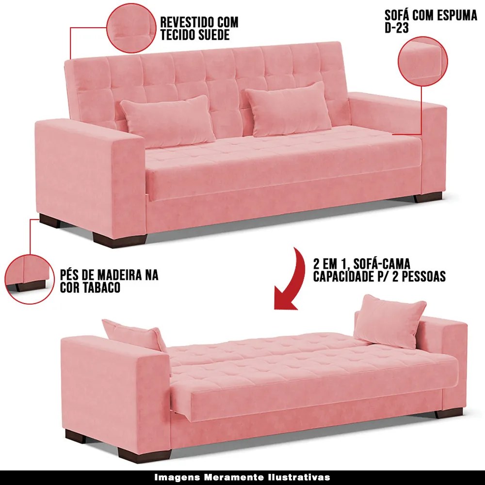 Sofá Cama Decorativo 210cm Beesley Suede Rose G19 - Gran Belo