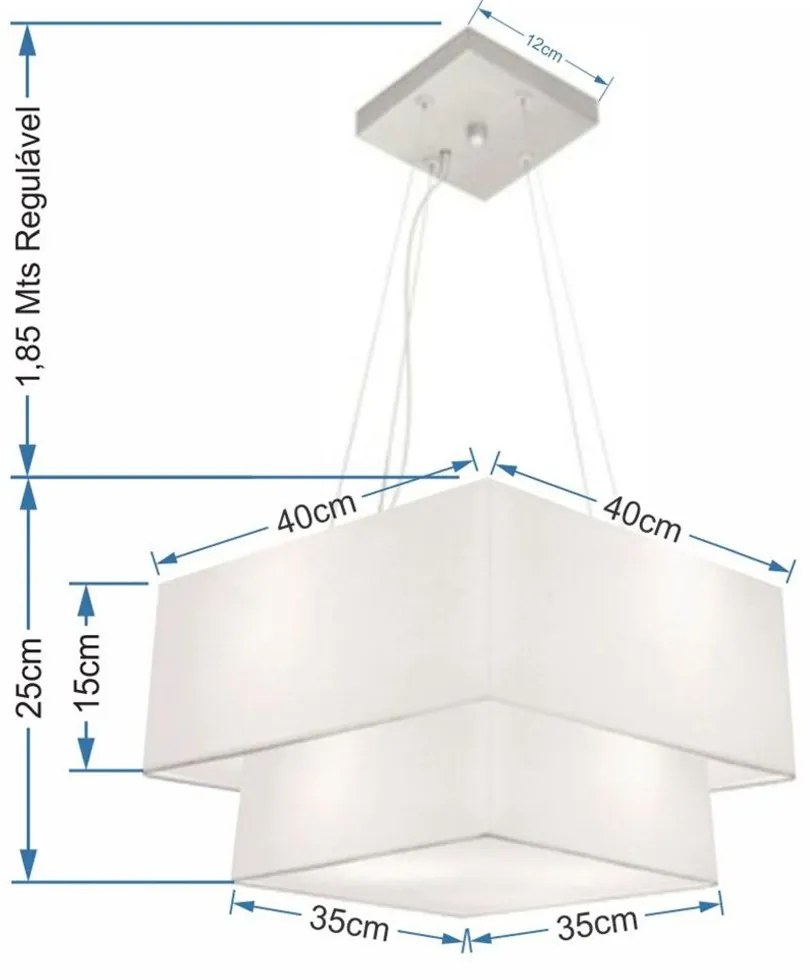 Lustre Pendente Duplo Quadrado Vivare Md-4157 Cúpula em Tecido 40x35cm Branco - Bivolt