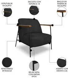 Poltrona para Sala Pés Metálicos Kit 2 Ellen S06 Boucle Preto - Mpozen