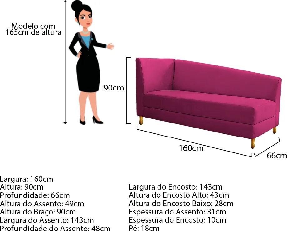 Recamier Valéria 160cm Lado Direito Suede Pink - ADJ Decor