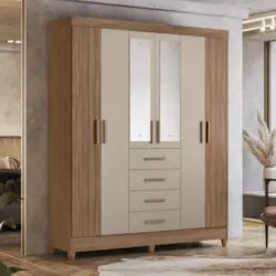 Guarda Roupa Casal 165cm Com Espelho Khani Carvalho/Fendi Z17 - Mpozen