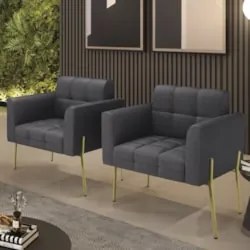 Poltrona Para Sala Pé Metal Dourado Kit 2 Ana Bouclé Grafite - Ibiza