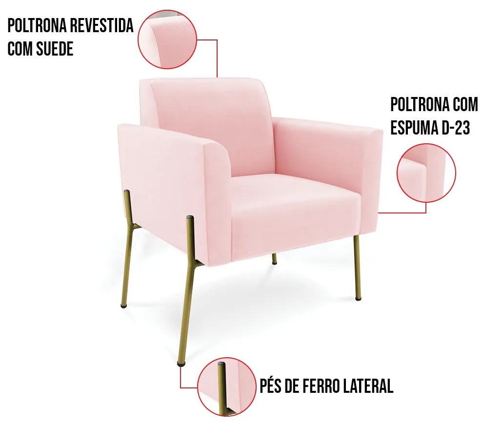 Poltrona Pé de Ferro Dourado Decorativa Marisa Suede D03 - D'Rossi - Rosa Bebê