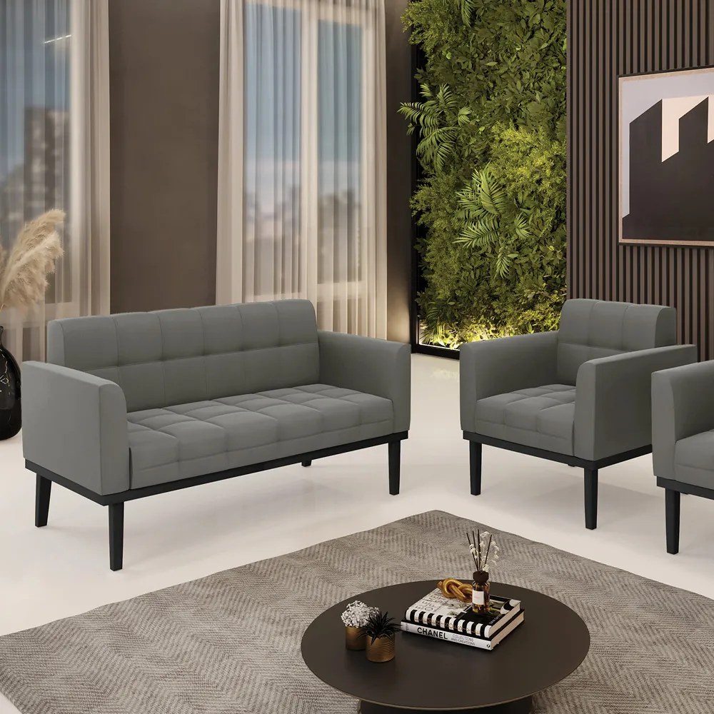 Sofá Namoradeira e Poltrona Base de Madeira Preto Elisa Suede D03 - D'Rossi - Grafite