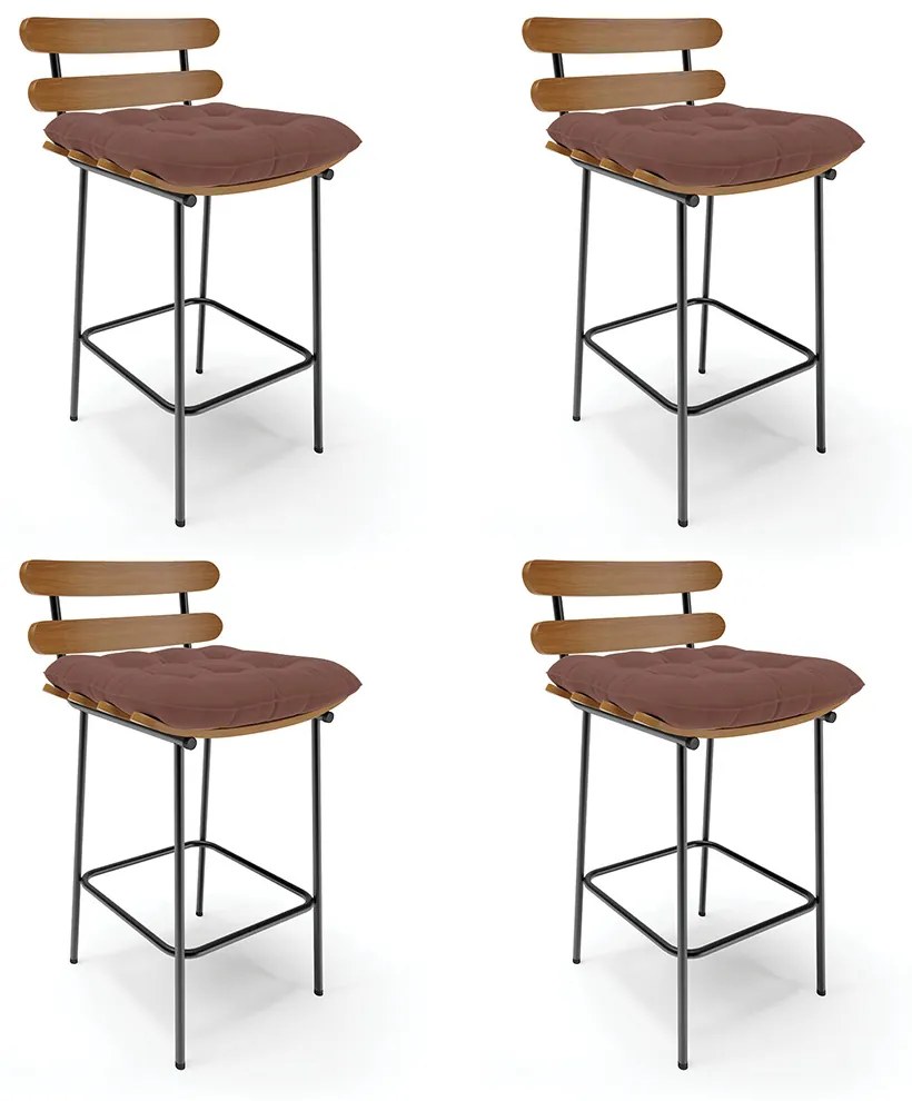 Kit 04 Banquetas Costela Veludo Rosê Base Metálica Preto - DRossi