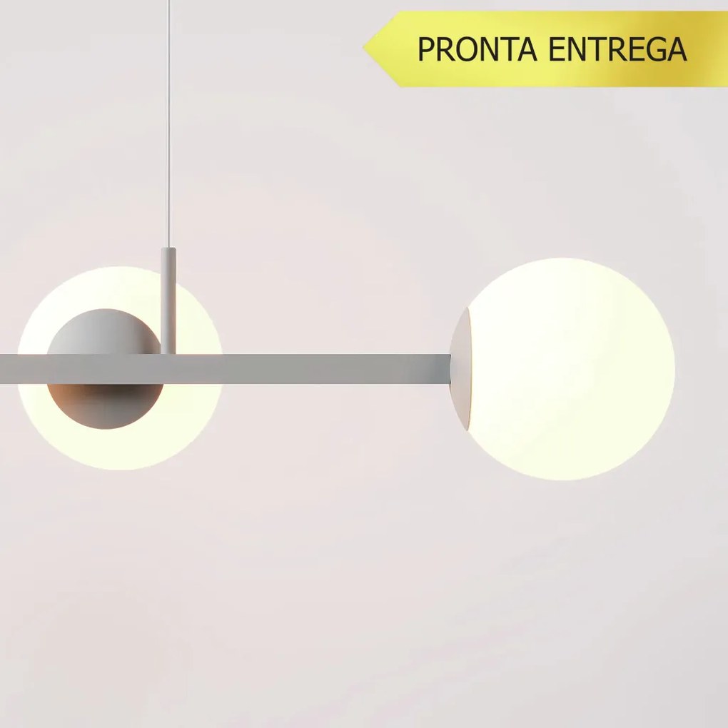 Pendente Jabuticaba Linear Long Retângular 26X20X120Cm Alumínio E Glob... (CINZA, FOSCO)