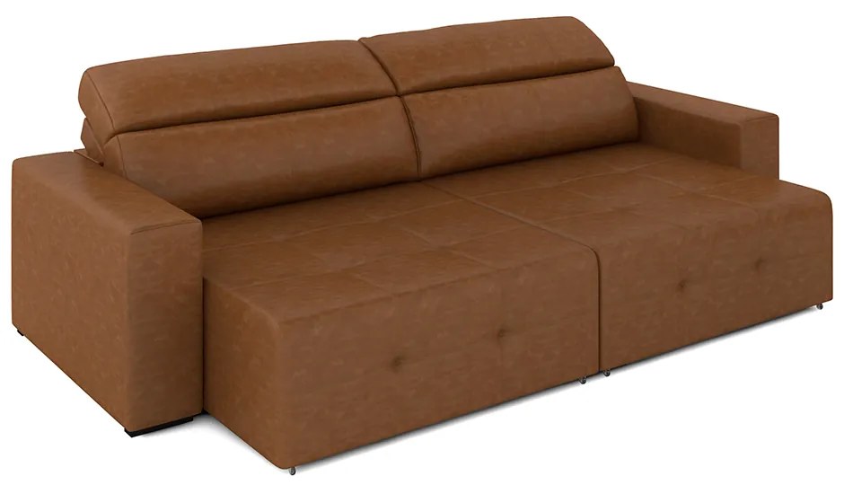 Sofá Retrátil 3 Lugares 224cm 2 Módulos Nero Couro Caramelo Manchado G52 - Gran Belo