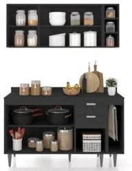 Armário de Cozinha Com Tampo CP08 140cm Pérola Preto Z34      - Mpozen