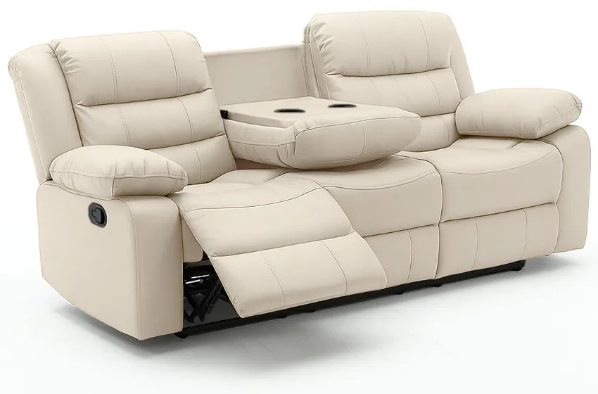 Poltrona Reclinável Sala de Cinema 3 Lugares Hollywood Manual Massagem Aquecimento Porta Copos PU G94 - Gran Belo - Bege