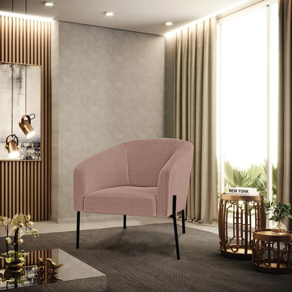 Poltrona Sala Decorativa Pé de Ferro Preto Kit 2 Stella Bouclê D03 - D'Rossi - Rose