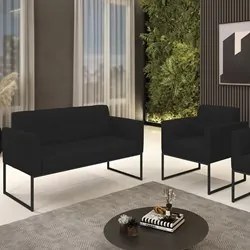 Sofá Namoradeira e 1 Poltrona Base Industrial Preto Ana Linho Preto -