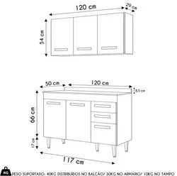 Armário Aéreo Honduras e Balcão Gabinete com Tampo 120cm Suécia Preto