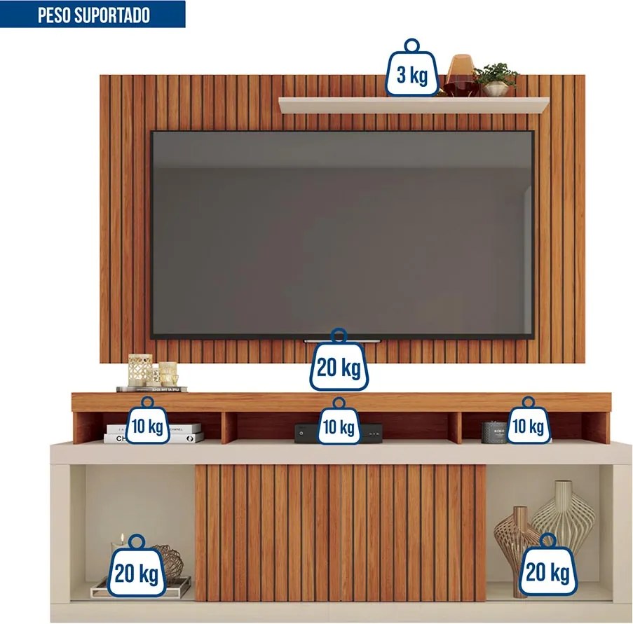 Painel TV 60 Pol 180cm e Bancada com Rodízio Sala Navel C01 - D'Rossi - Freijó/Off White