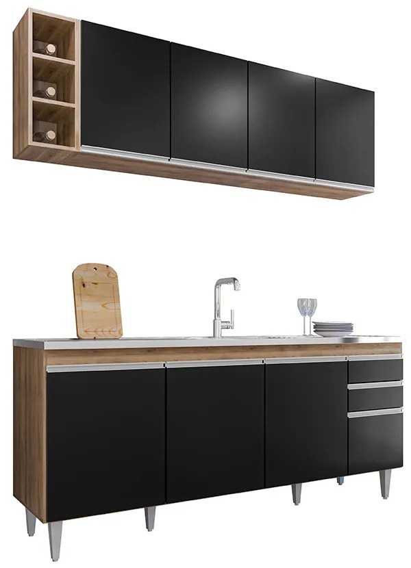 Conjunto Balcão de Cozinha para Pia Apex Armário Aéreo MDP/BP Freijó/Preto G96 - Gran Belo