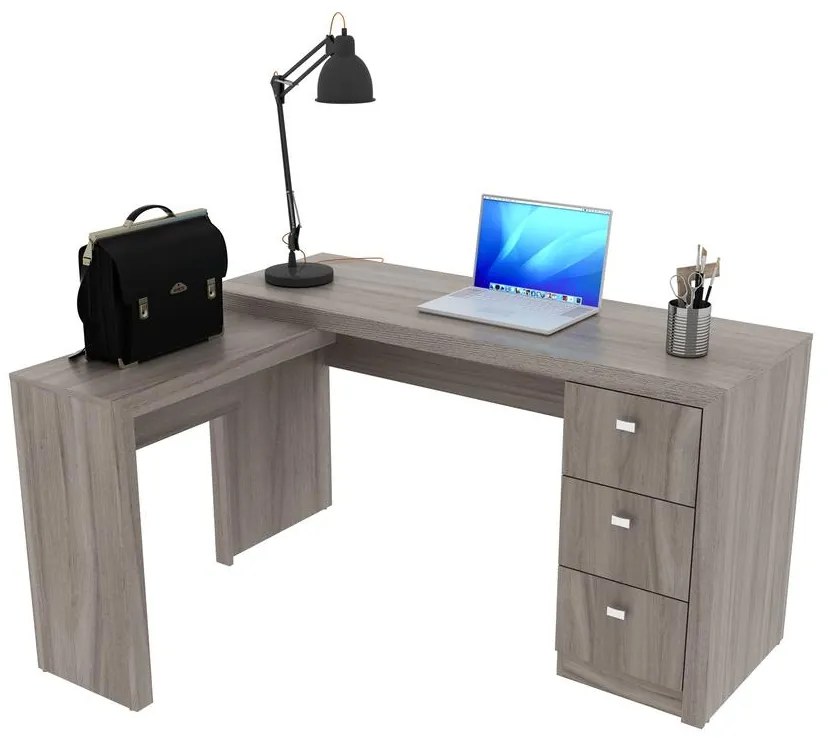 Escrivaninha Canto Escritório Home Office 3 Gavetas Carvalho