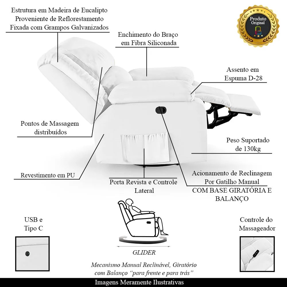 Poltrona do Papai Reclinável Sala de Cinema Madrid Glider Manual Giratória Massagem USB PU Branco G23