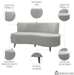 Sofá 2 Lugares para Sala Living 135cm Pés Palito Korah Z08 Linho Cinza