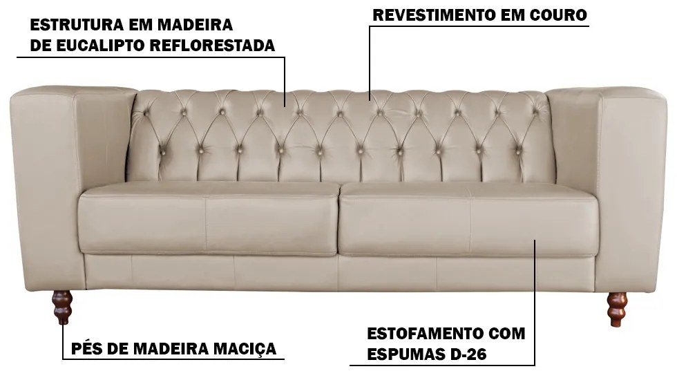Sofá 3 Lugares Ravena 240cm Couro Bege G58 - Gran Belo