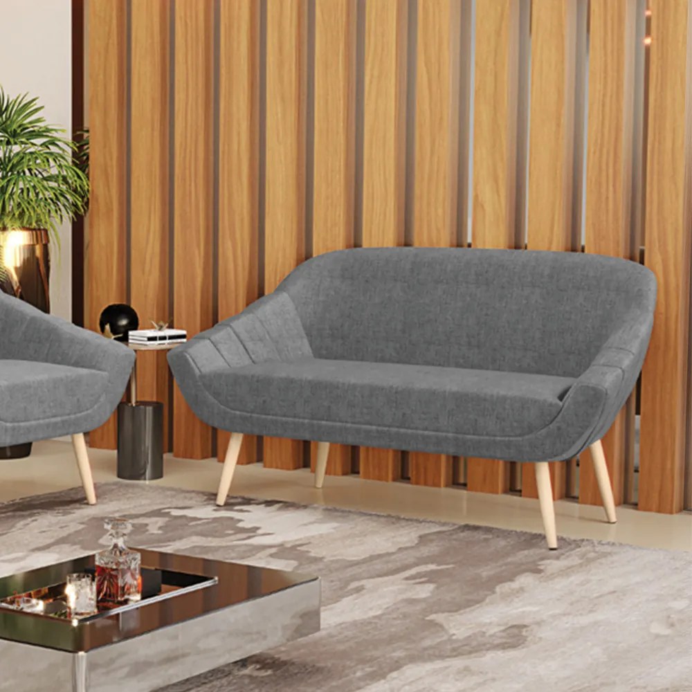 Namoradeira 02 Lugares Giovana Linho Grafite A26 Pés Palito Natural - Indo Decorar