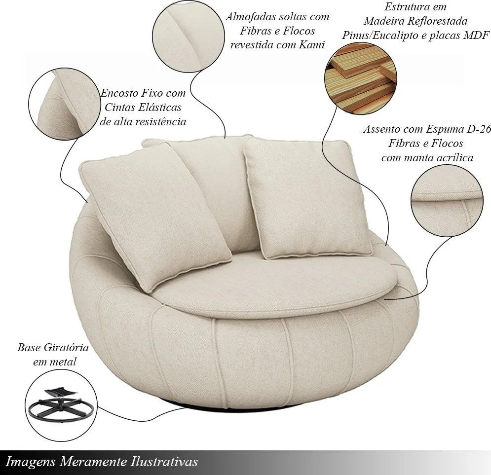Poltrona Sala de Estar Afrodite com Almofadas Giratória Off White Linho G45 - Gran Belo