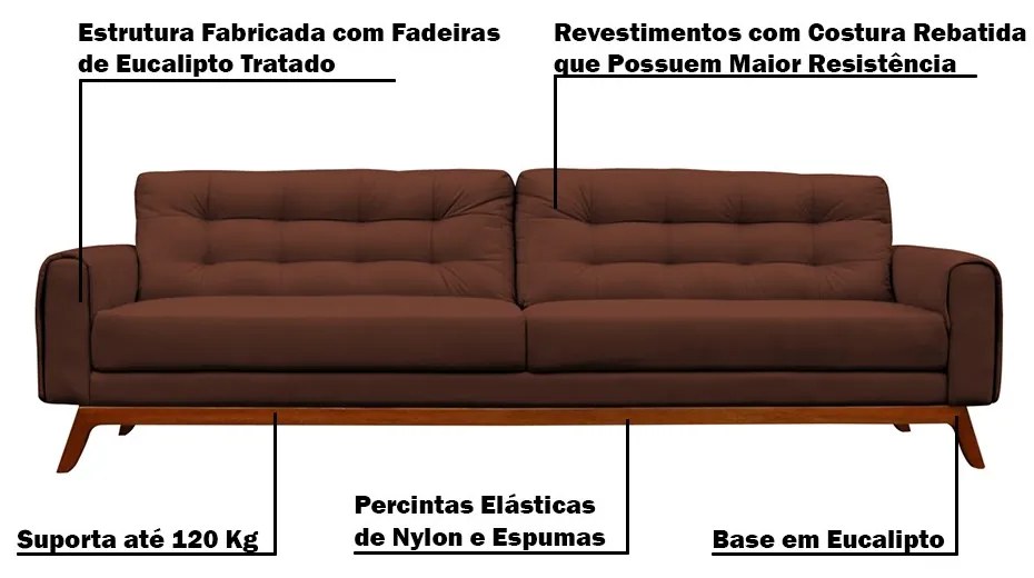 Sofá 4 Lugares Sala de Estar Eros 260 cm Veludo Marrom Base Fixa G15 - Gran Belo