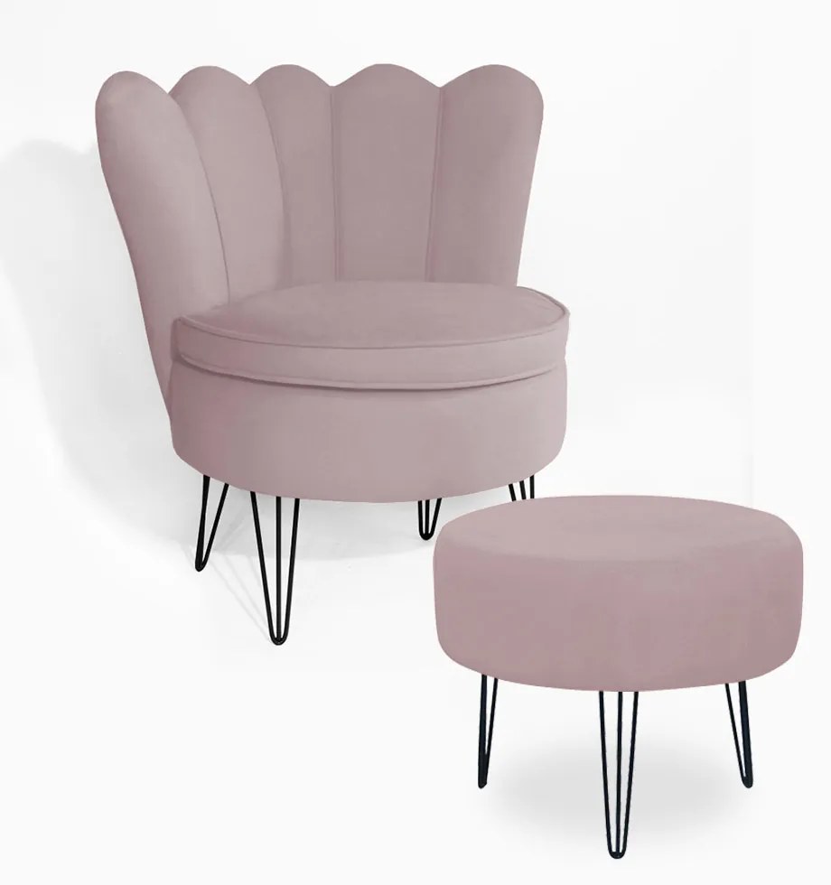 Poltrona Decorativa Dália com Puff Chloe Hairpin Legs Preto Veludo Crepe