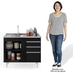 Armário Aéreo Indiana e Balcão Gabinete 100cm com Pia Inox Luziania Pr