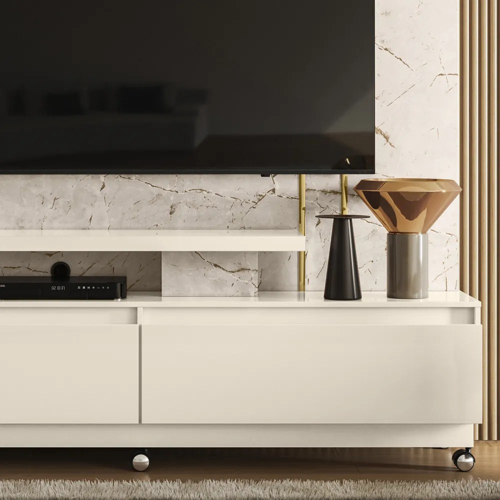 Estante de TV 75 Pol 183cm com Rodízio Sala Belora M20 - D'Rossi - Calacata e Off White