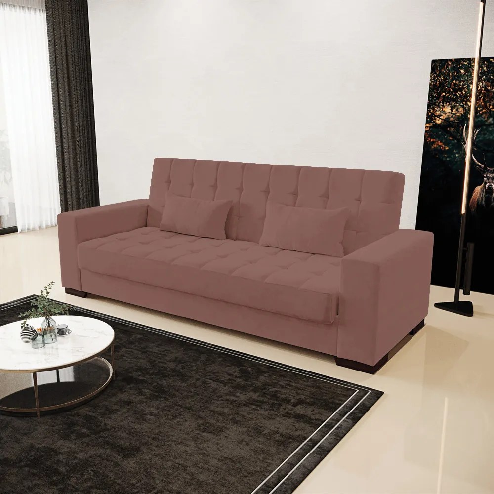 Sofá Cama Casal 3 Lugares 210cm Lisboa Veludo Rosê  D03 - D'Rossi