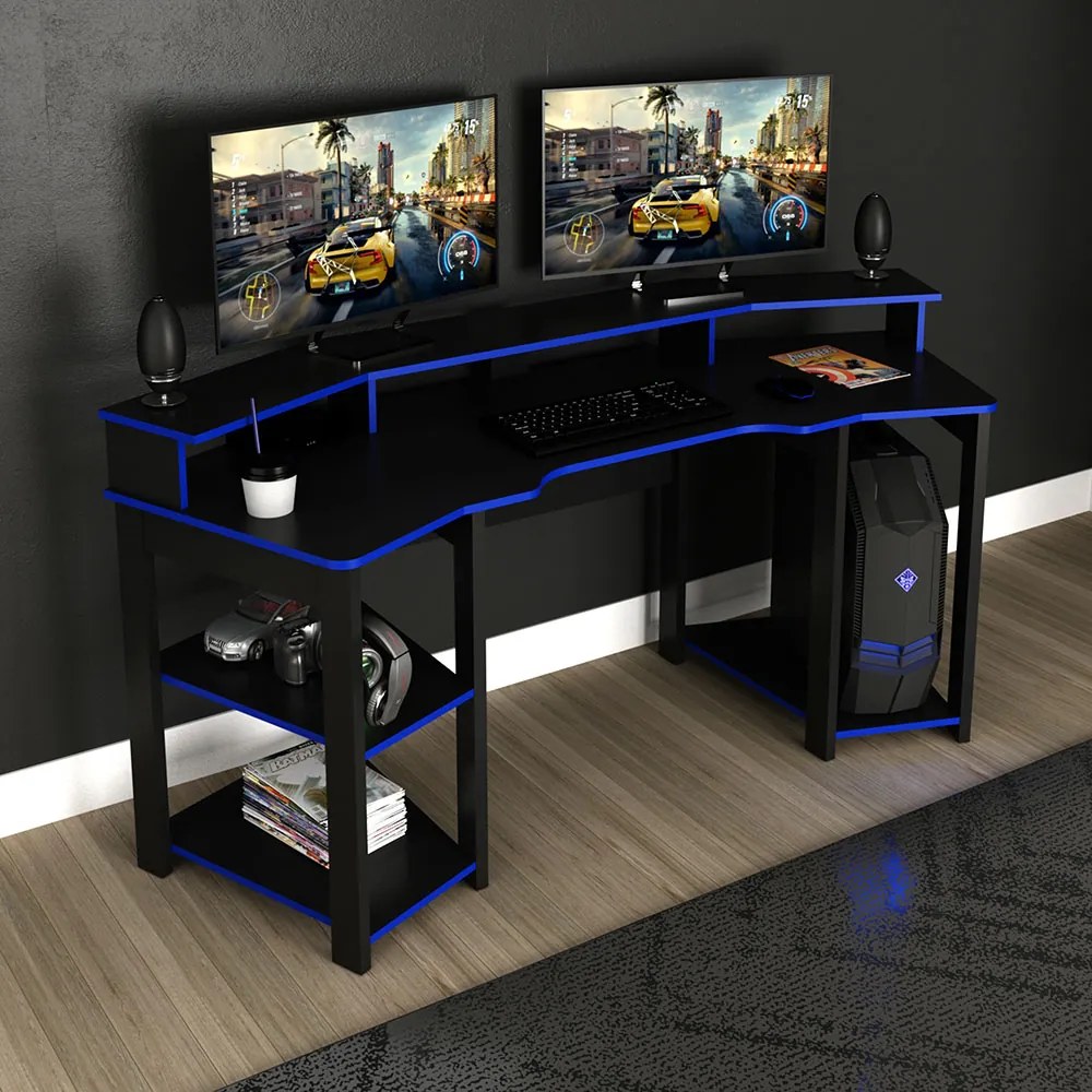 Mesa para Escritório Home Office Gamer ME4167 MDP Preto/Azul G69 - Gran Belo