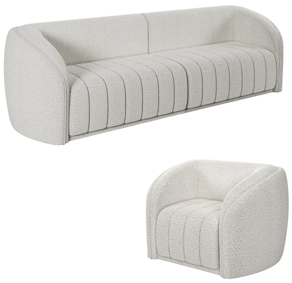 Conjunto Sala de Estar Sofá 252cm 3 Lugares e Poltrona Adam Boucle Branco G45 - Gran Belo
