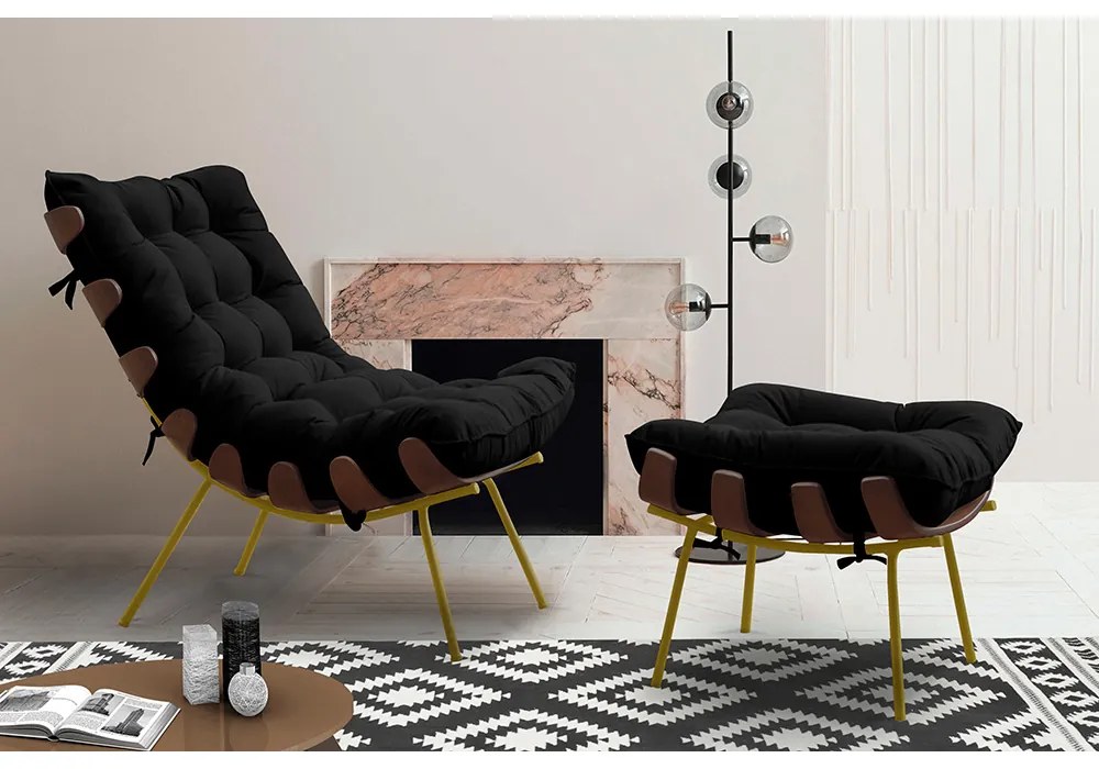 Conjunto Decorativo Poltrona e Puff Abel Base de Madeira Dourada Veludo Preto G41 - Gran Belo