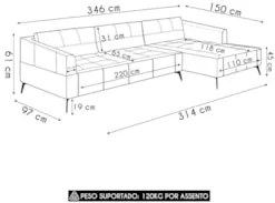 Sofá 5 Lugares 346cm Com Chaise Direito Eko Couro Bege Z55 - Mpozenat