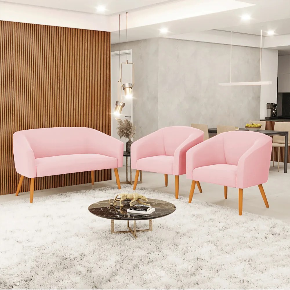 Namoradeira e 2 Poltronas Pé Palito Castanho Stella Suede D03 - D'Rossi - Rosa Bebê