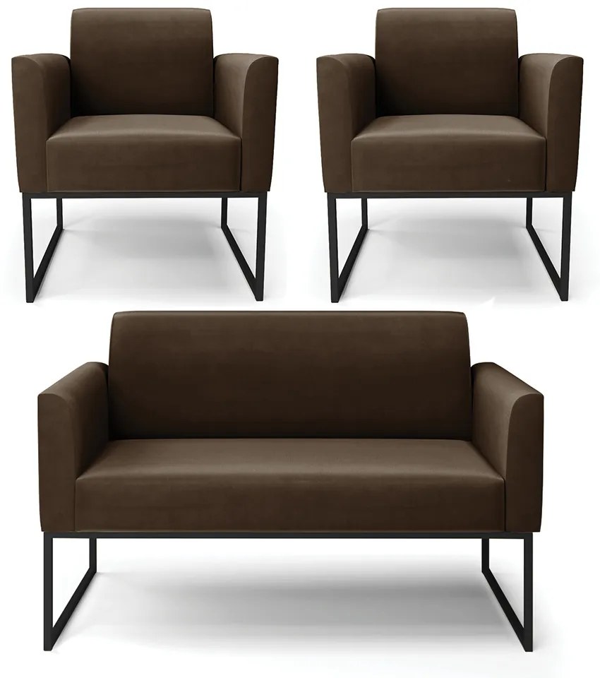 Sofá Namoradeira com 2 Poltronas Base Industrial Preto Marisa Suede Marrom D03 - D'Rossi