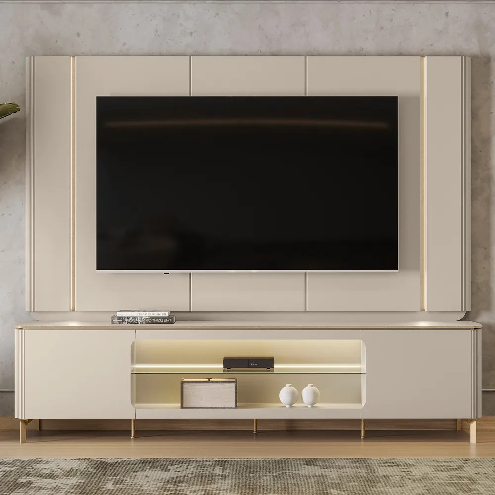 Conjunto Painel com Rack Bancada Switch MDP/MDF TV até 85 Polegadas LED Off White G77 - Gran Belo