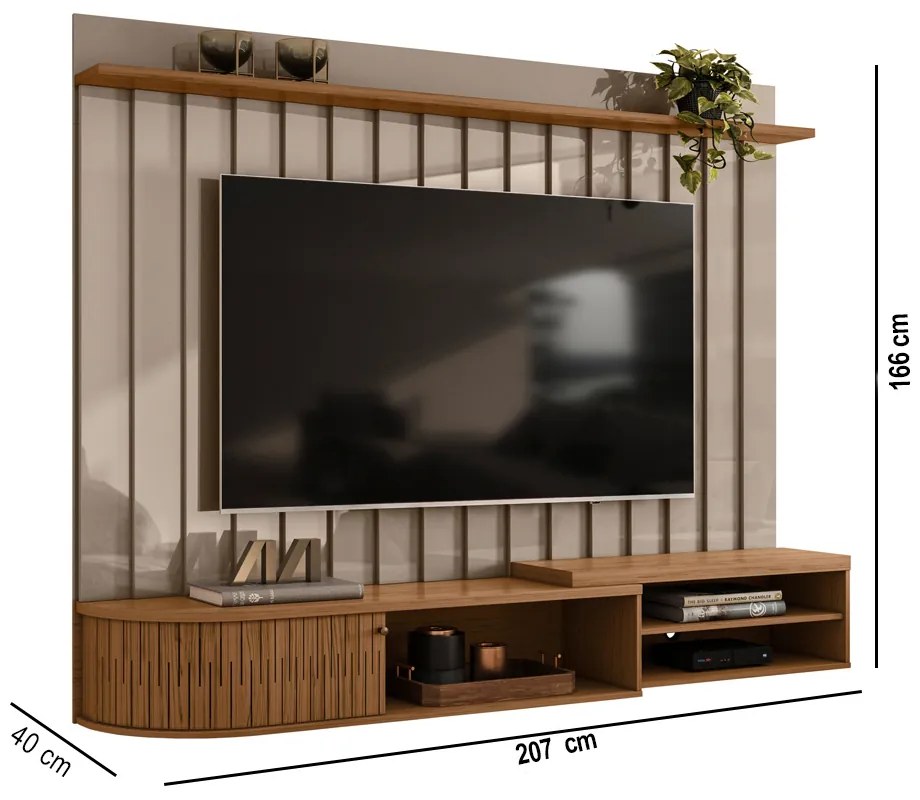 Painel TV 75 Pol 207cm Bancada Suspensa para Sala Elvano M20 - D'Rossi - Fendi e Naturale