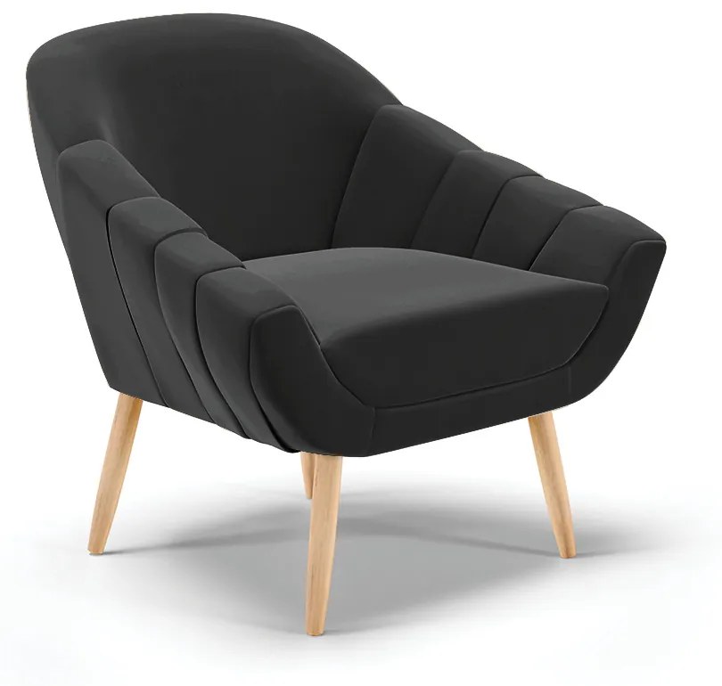 Poltrona Giovana Veludo Preto Pés Palito Natural - Indo Decorar