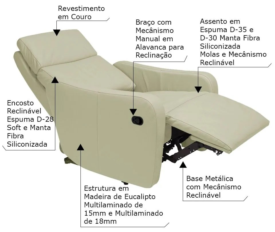 Poltrona Decorativa Reclinável Manual Moroni Couro Off White G43 - Gran Belo